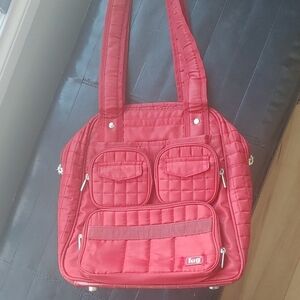 lug Red Quilted Shoulder Tote with Front Pockets